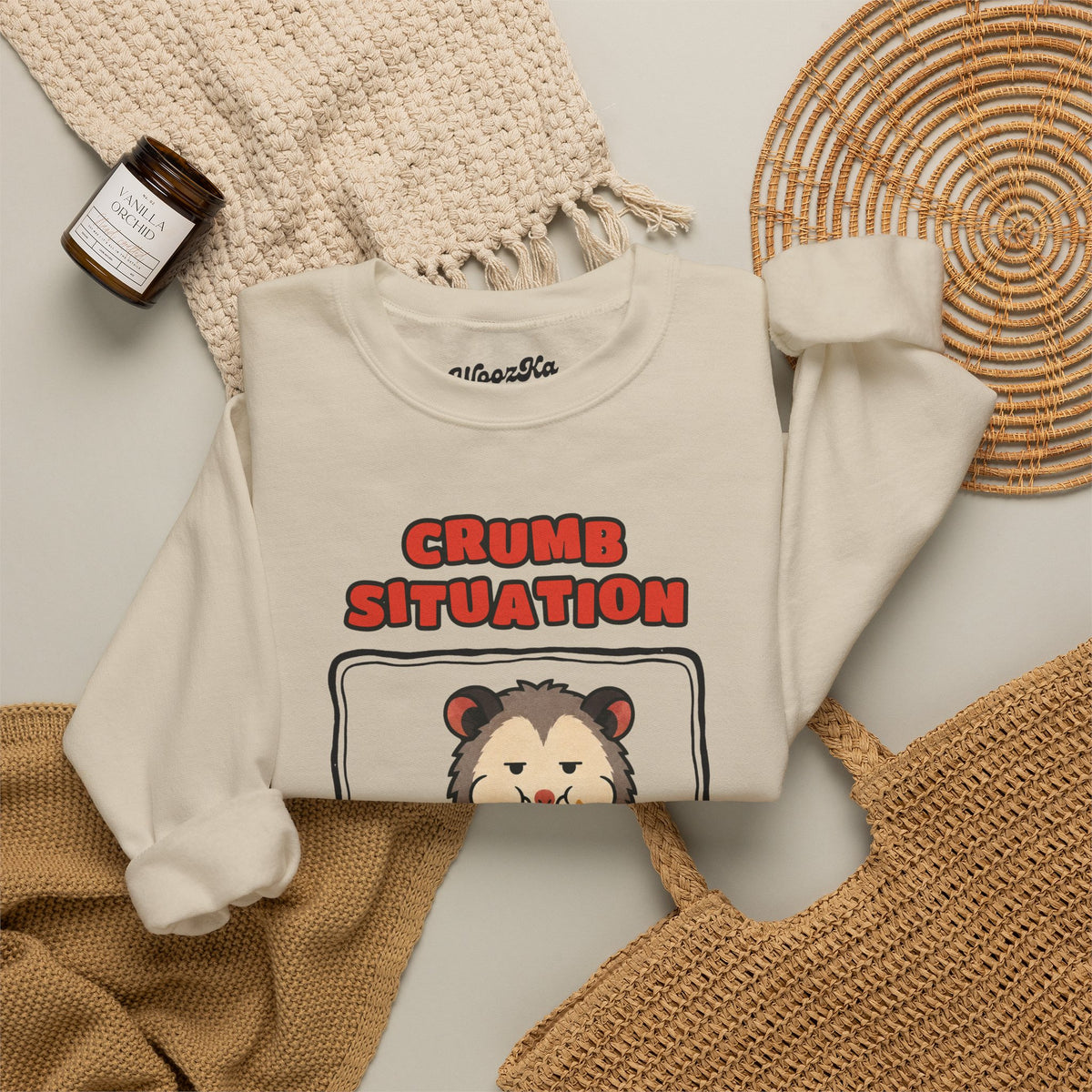 WoozKa Brands Crumb Situation Opossum Crewneck Sweatshirt, Front Graphic
