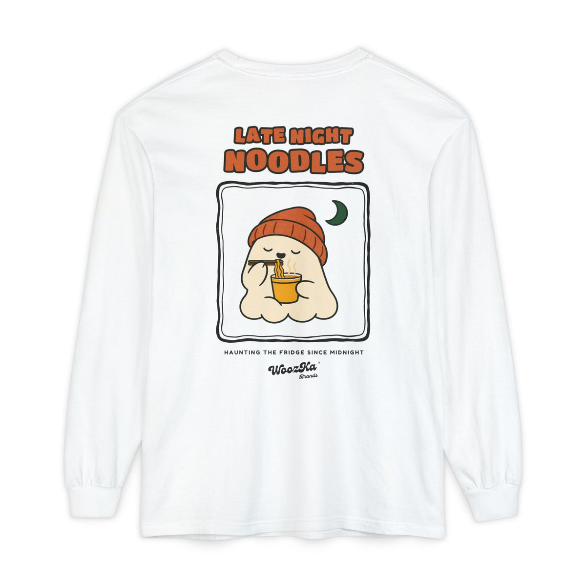 WoozKa Brands Late Night Noodles Ghost Long Sleeve T-Shirt, Two-Sided