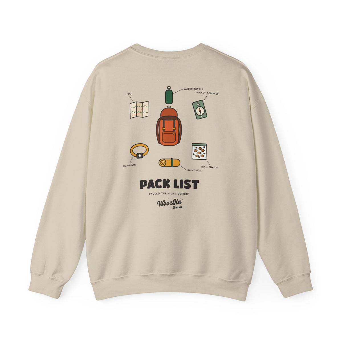 WoozKa Brands Hiking Sweatshirt, Backpacking Gear List Back Print