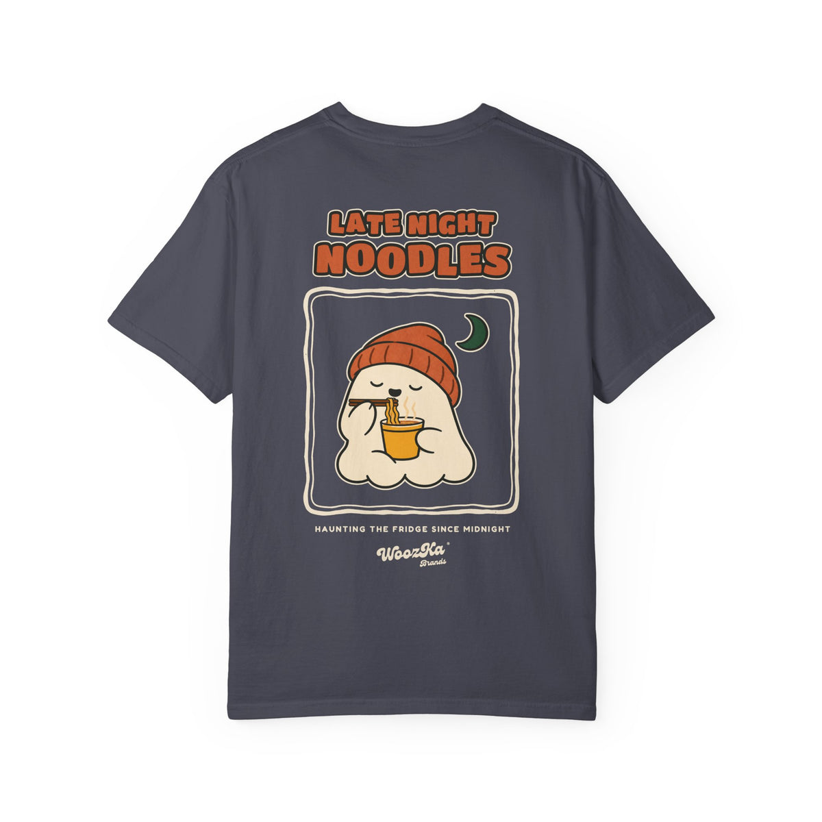 WoozKa Brands Late Night Noodles Ghost Garment-Dyed T-Shirt, Two-Sided