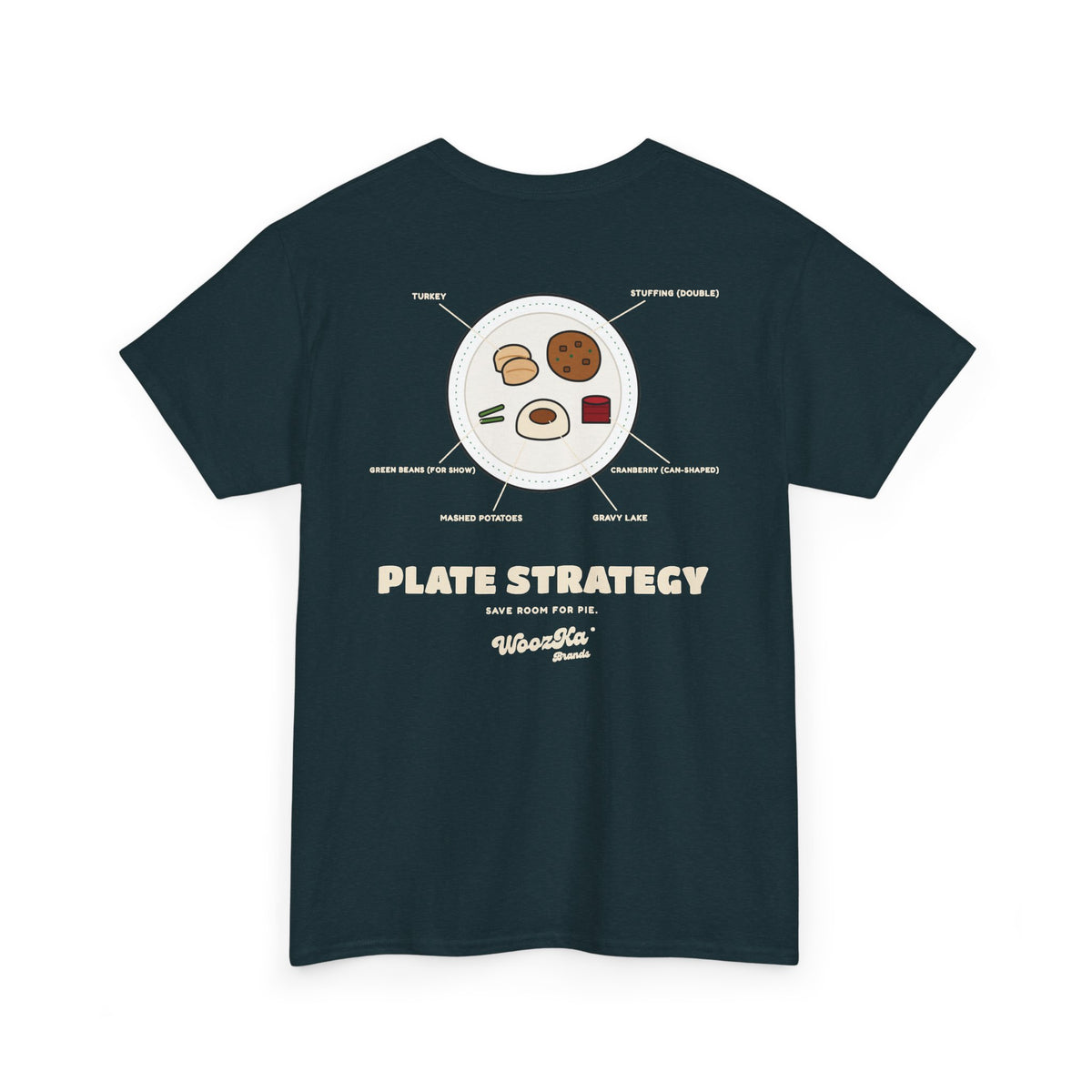 WoozKa Brands Funny Thanksgiving T-Shirt, Turkey Dinner Plate Back Print