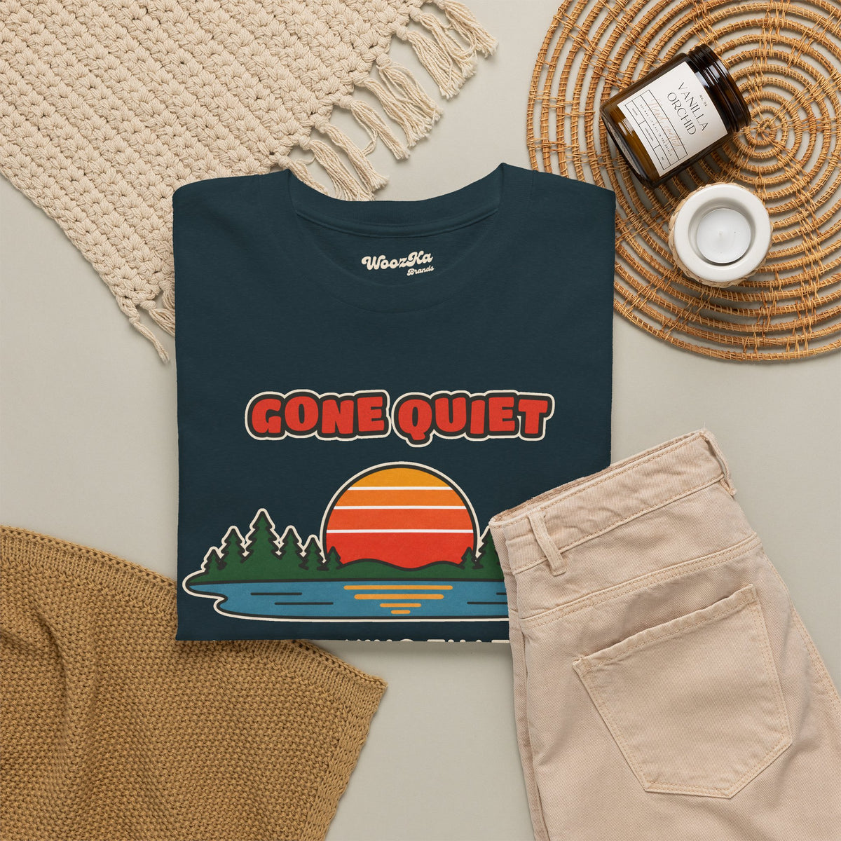 WoozKa Brands Retro Sunset Lake T-Shirt, Nature Outdoors Pine Front Print
