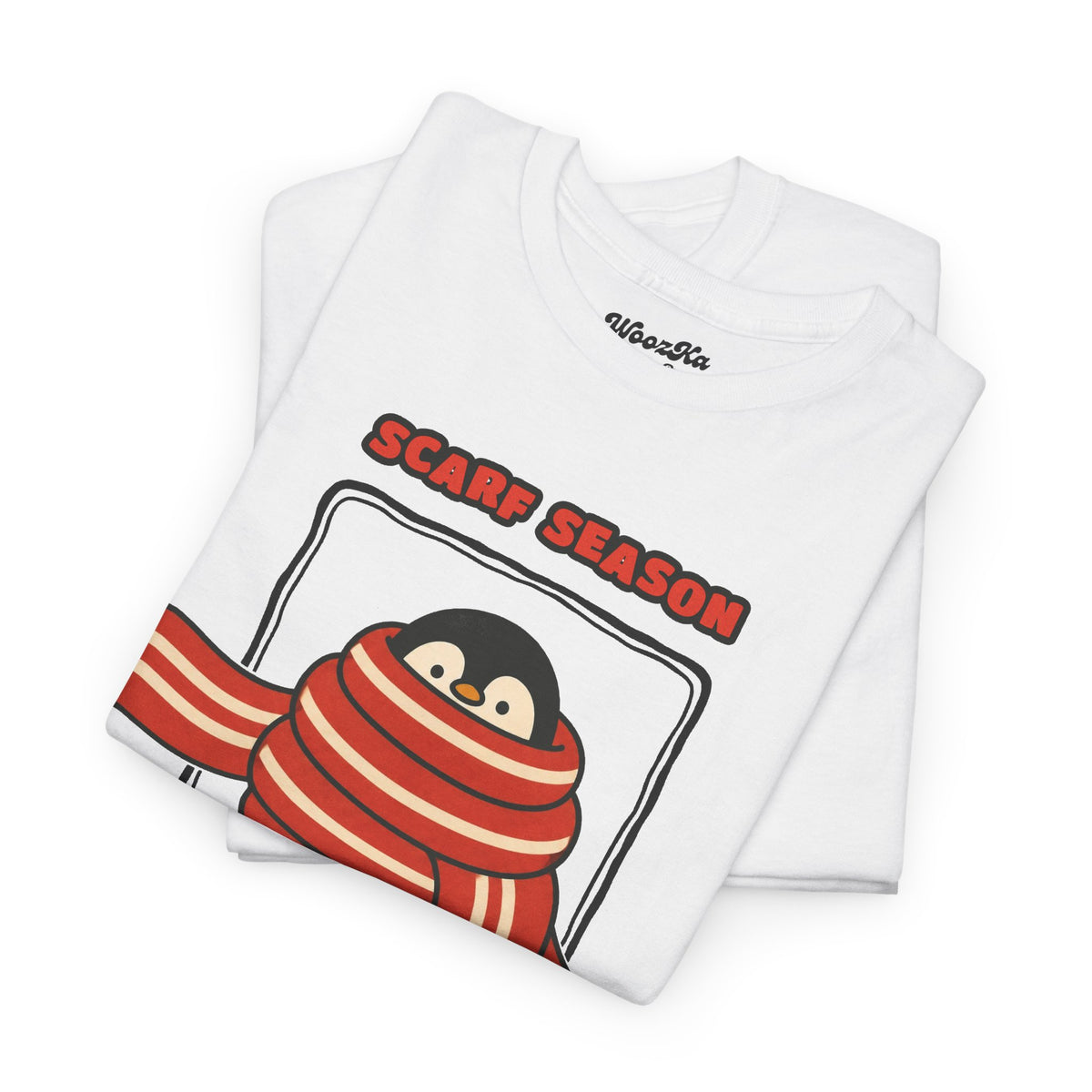 WoozKa Brands Scarf Season Penguin Heavy Cotton T-Shirt, Front Graphic
