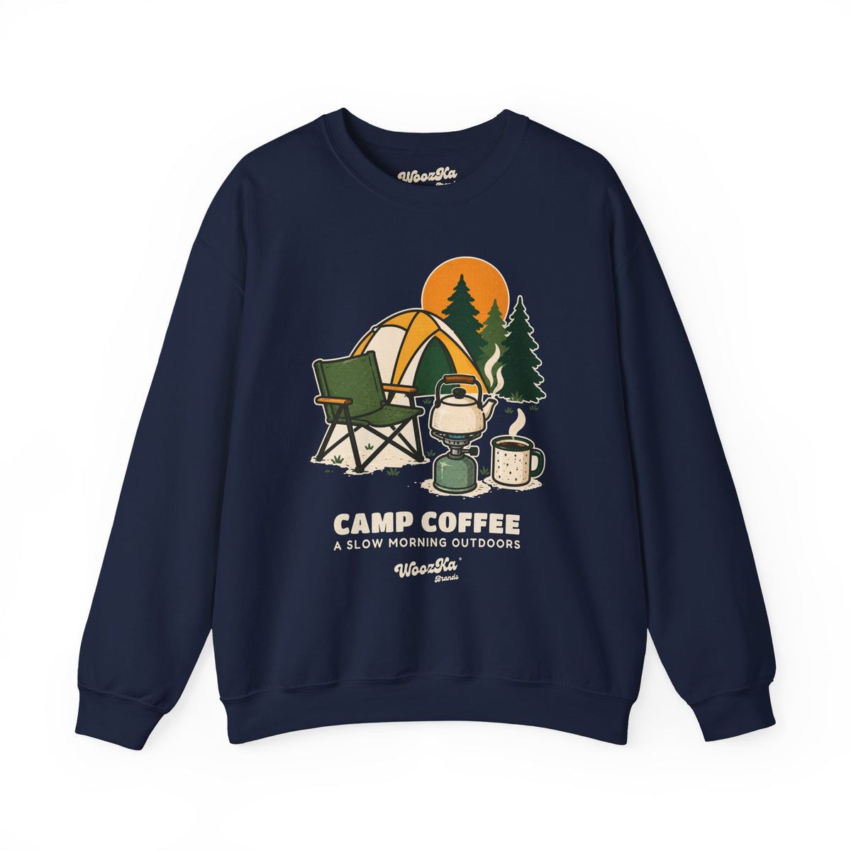 WoozKa Brands Camp Coffee Camping Crewneck Sweatshirt, Front Graphic