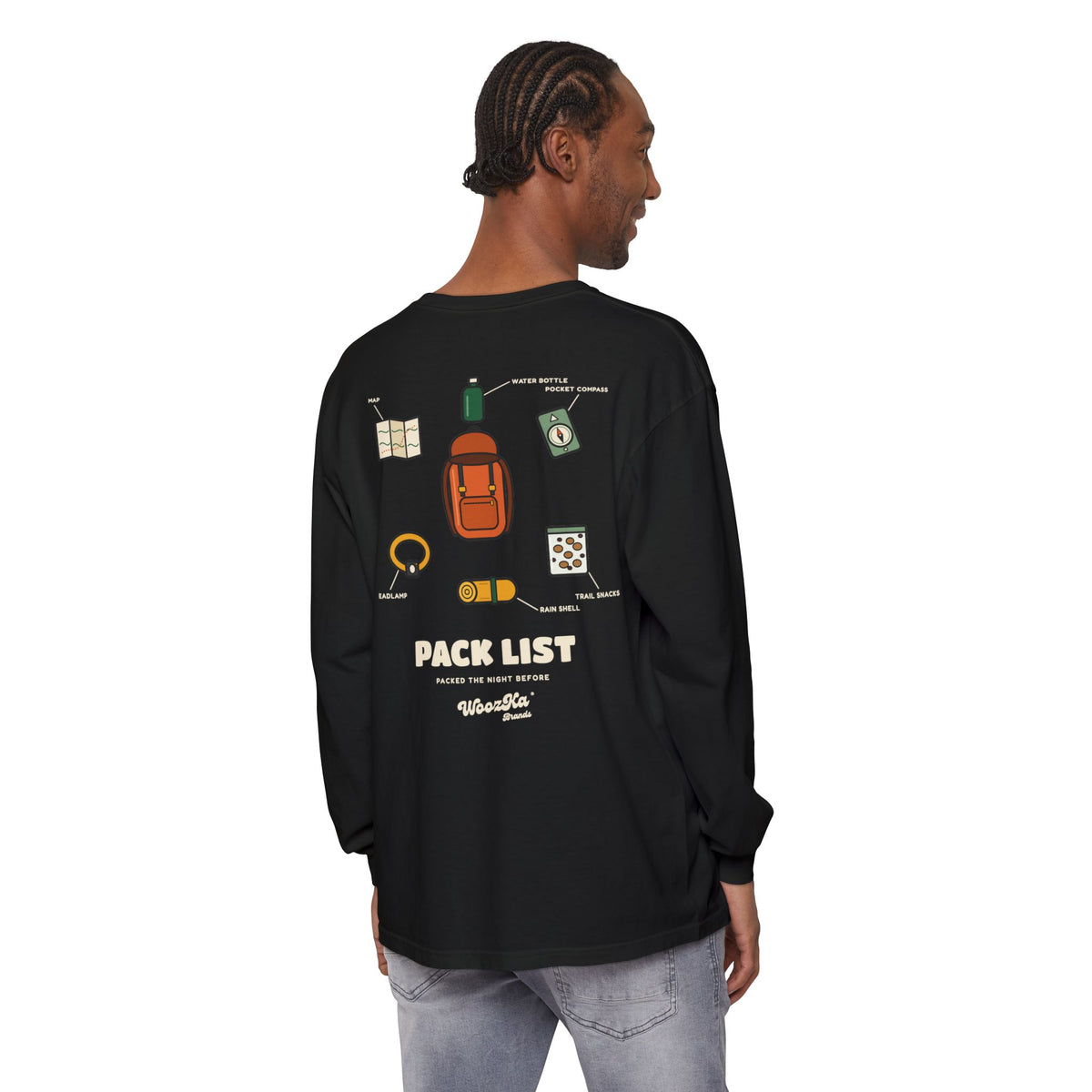 WoozKa Brands Hiking Long Sleeve Tee, Backpacking Gear List Back Print
