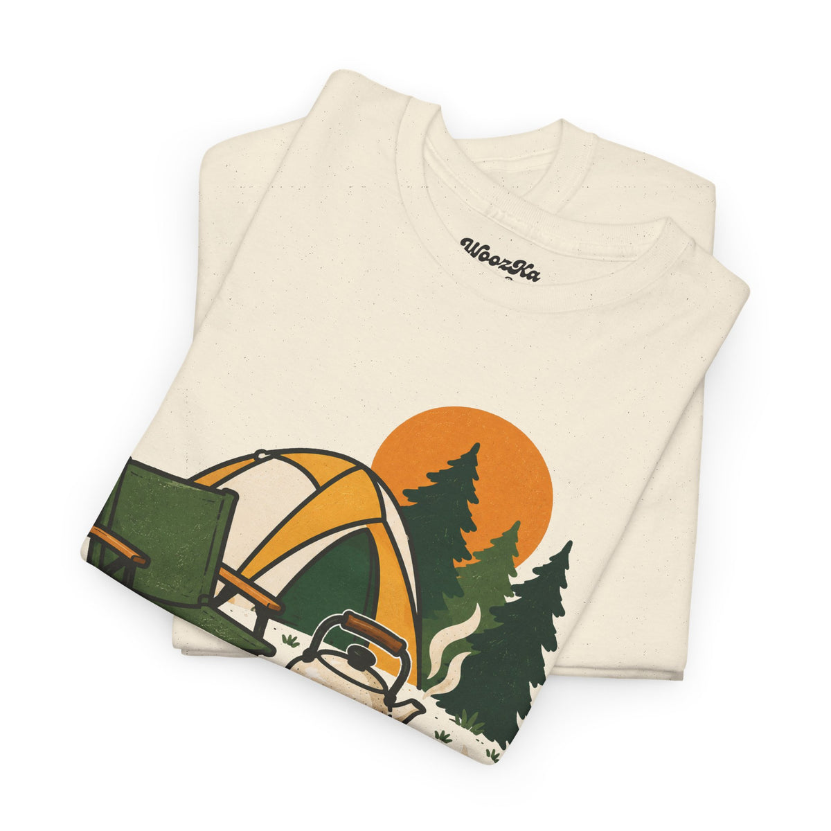 WoozKa Brands Camp Coffee Camping Heavy Cotton T-Shirt, Front Graphic