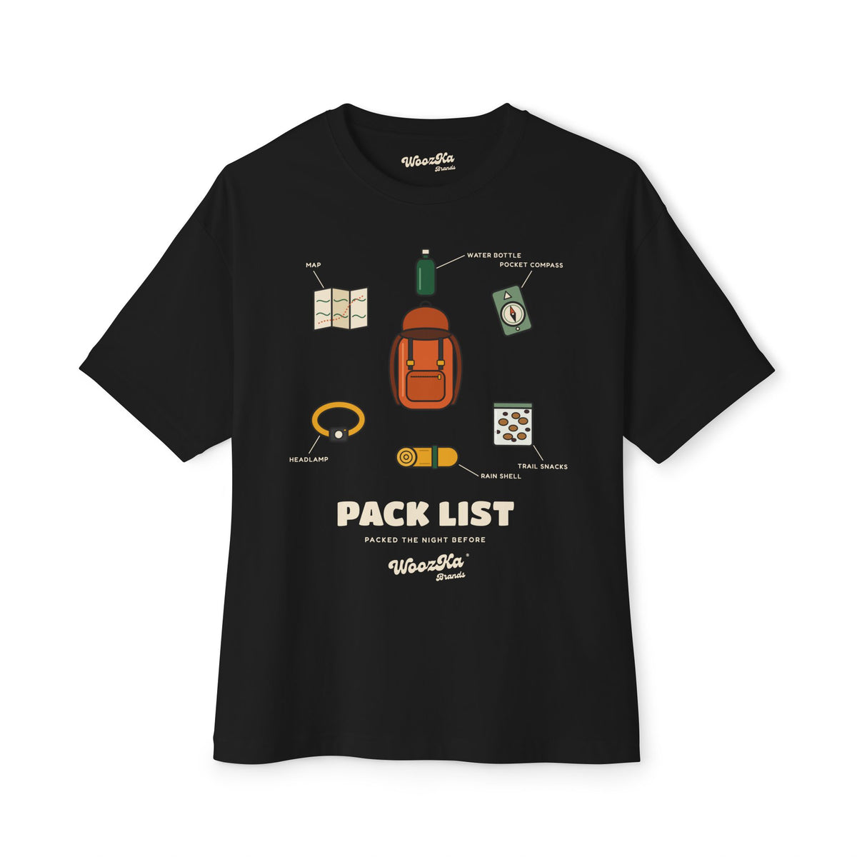 WoozKa Brands Hiking Oversized Tee, Backpacking Gear List Front Print