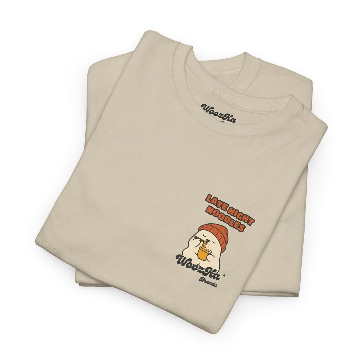 WoozKa Brands Late Night Noodles Ghost Heavy Cotton T-Shirt, Two-Sided