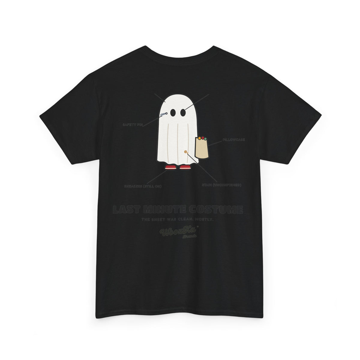 WoozKa Brands Lazy Halloween Costume T-Shirt, Funny Ghost Sheet Back Print
