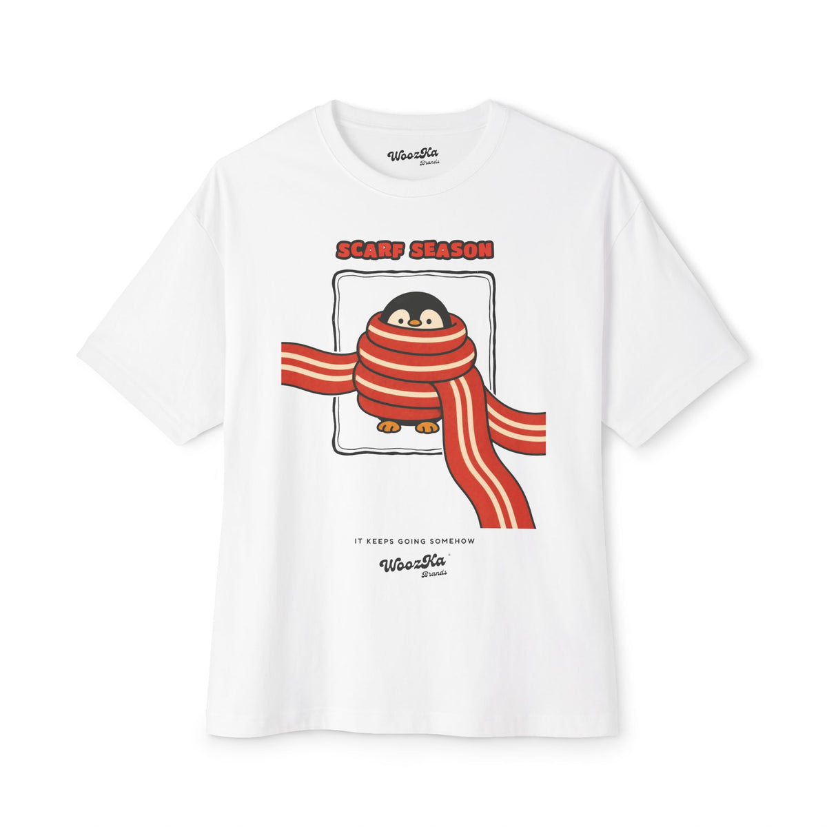 WoozKa Brands Scarf Season Penguin Oversized Boxy T-Shirt, Front Graphic