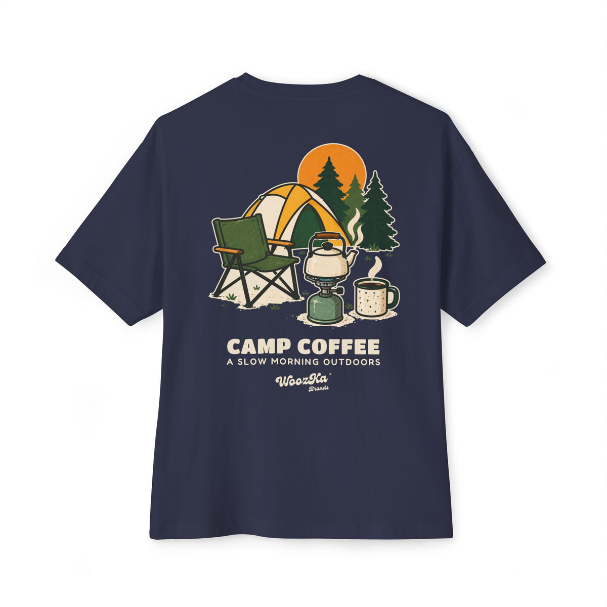 WoozKa Brands Camp Coffee Camping Oversized Boxy T-Shirt, Two-Sided Graphic