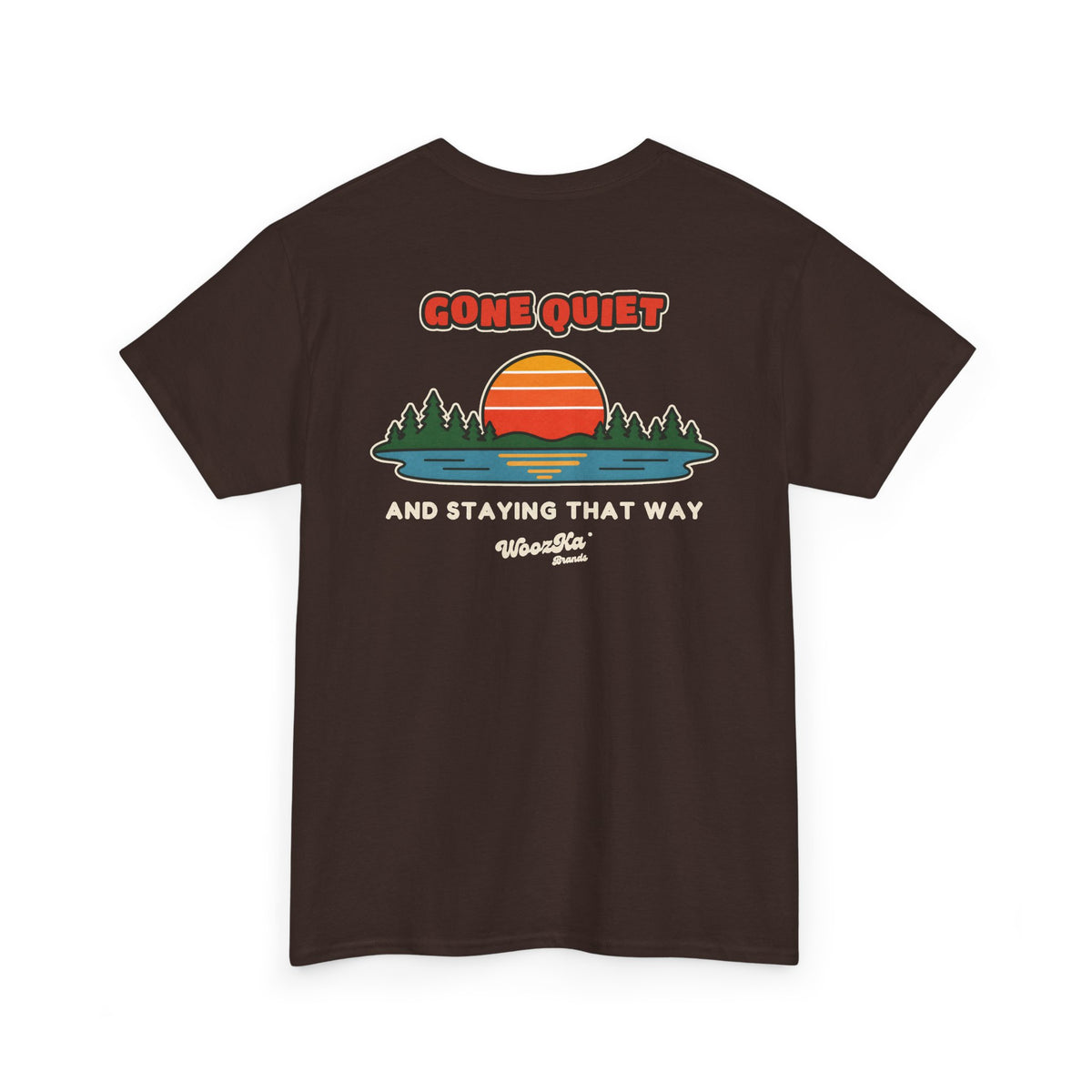 WoozKa Brands Retro Sunset Lake T-Shirt, Nature Outdoors Pine Back Print