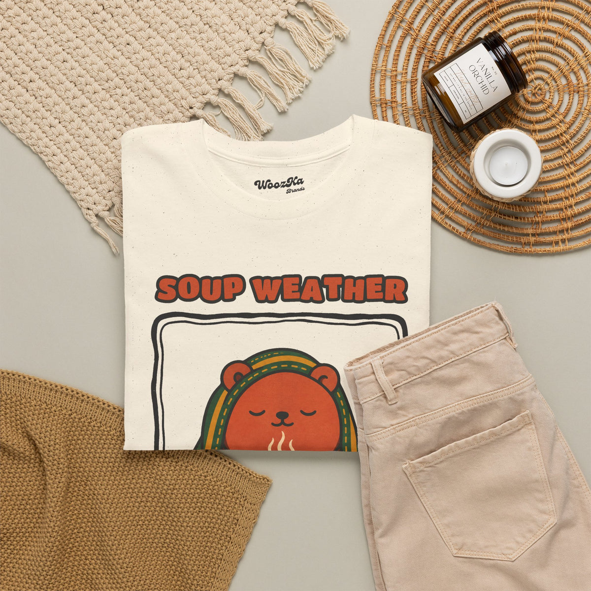 WoozKa Brands Soup Weather Bear Heavy Cotton T-Shirt, Front Graphic
