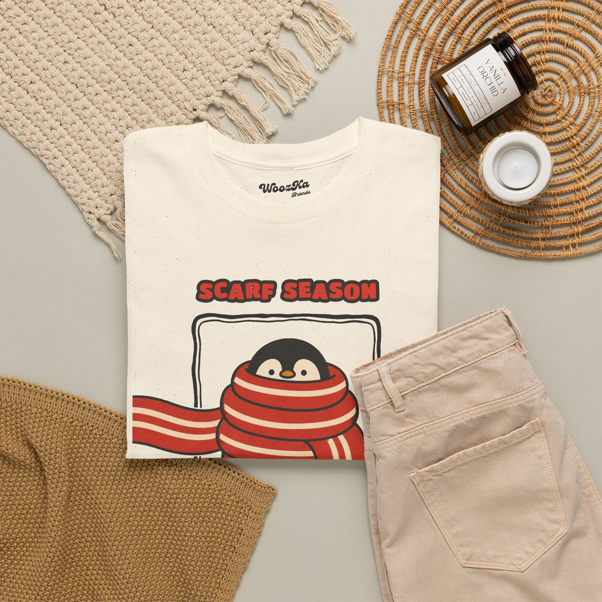 WoozKa Brands Scarf Season Penguin Heavy Cotton T-Shirt, Front Graphic
