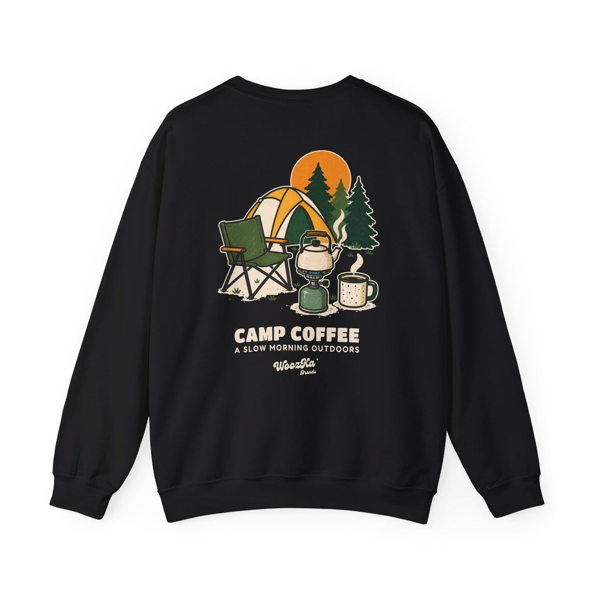 WoozKa Brands Camp Coffee Camping Crewneck Sweatshirt, Two-Sided Graphic