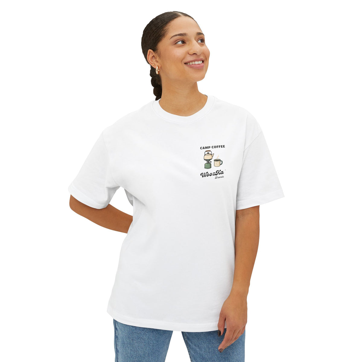 WoozKa Brands Camp Coffee Camping Oversized Boxy T-Shirt, Two-Sided Graphic