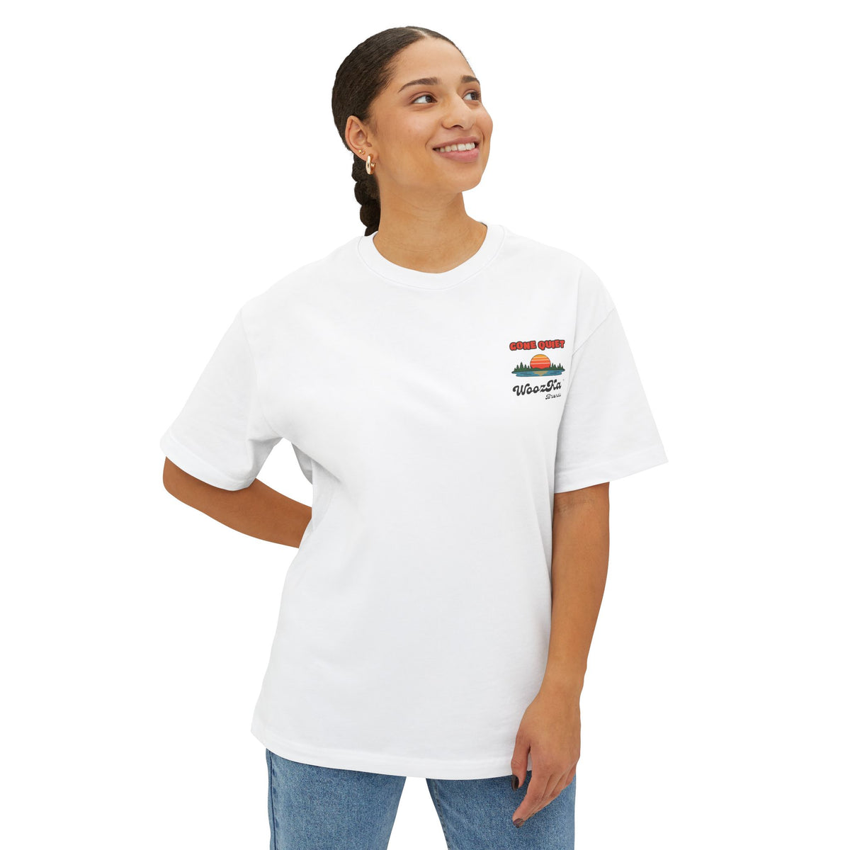 WoozKa Brands Retro Sunset Lake Oversized Tee, Nature Outdoors Back Print