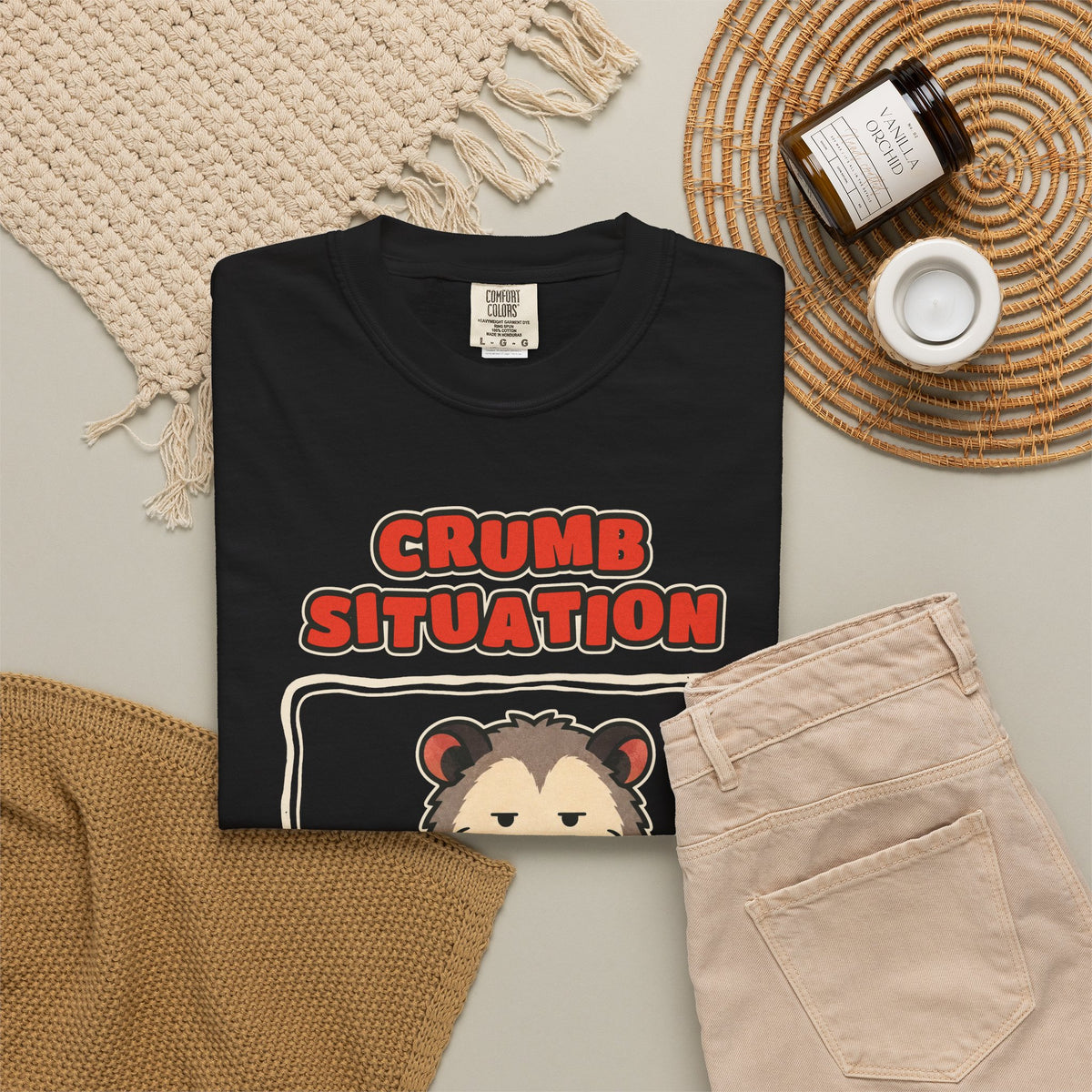 WoozKa Brands Crumb Situation Opossum Garment-Dyed T-Shirt, Front Graphic