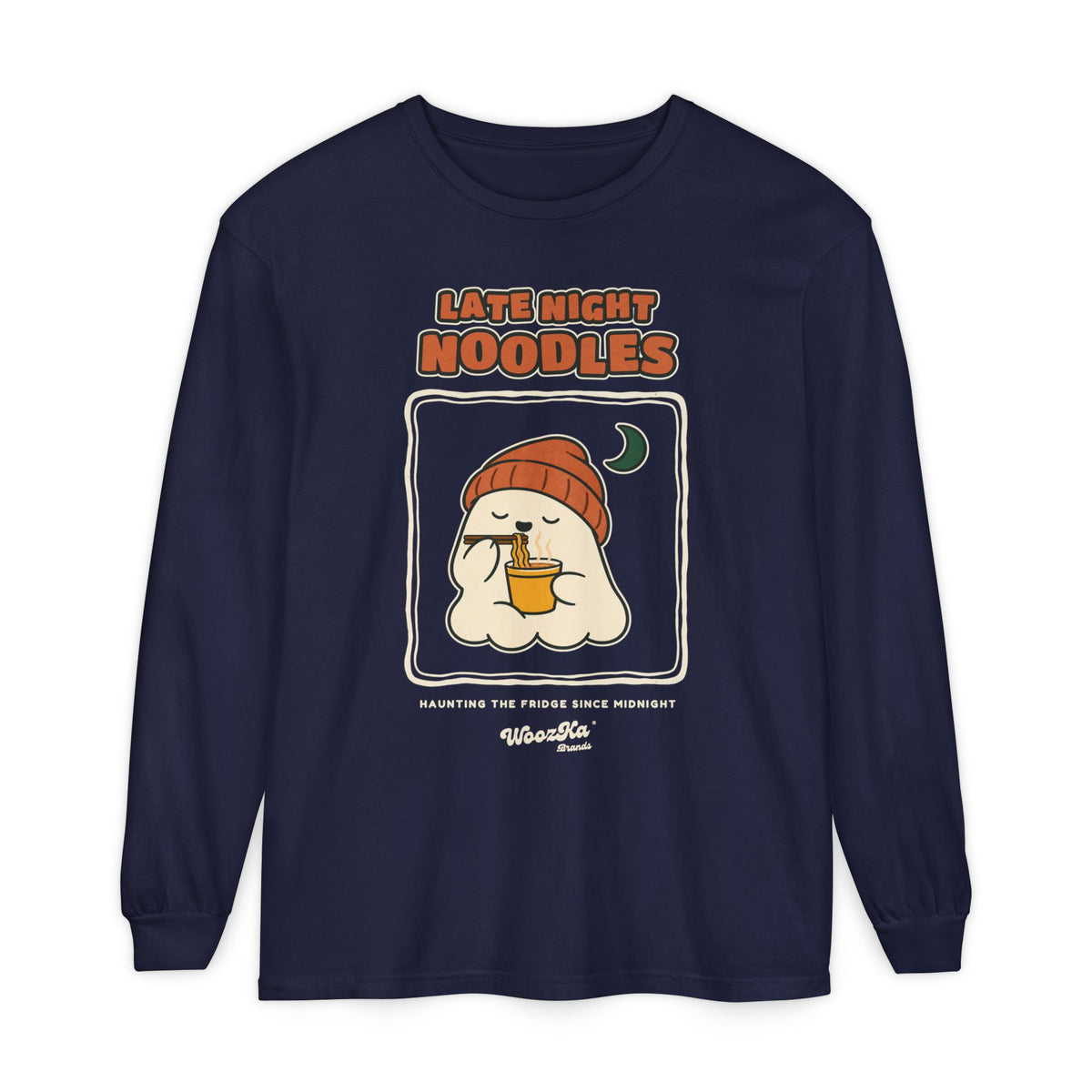 WoozKa Brands Late Night Noodles Ghost Long Sleeve T-Shirt, Front Graphic