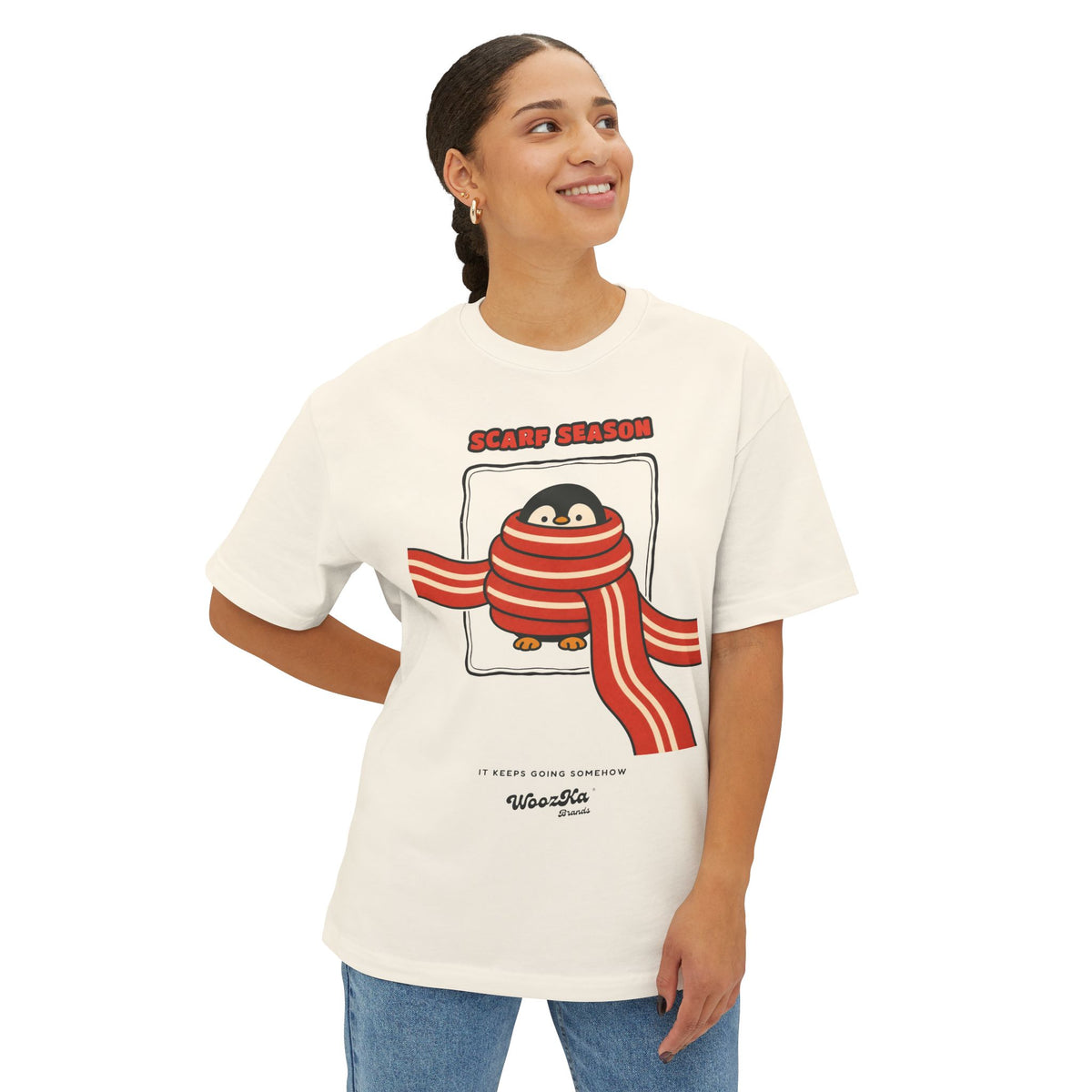 WoozKa Brands Scarf Season Penguin Oversized Boxy T-Shirt, Front Graphic