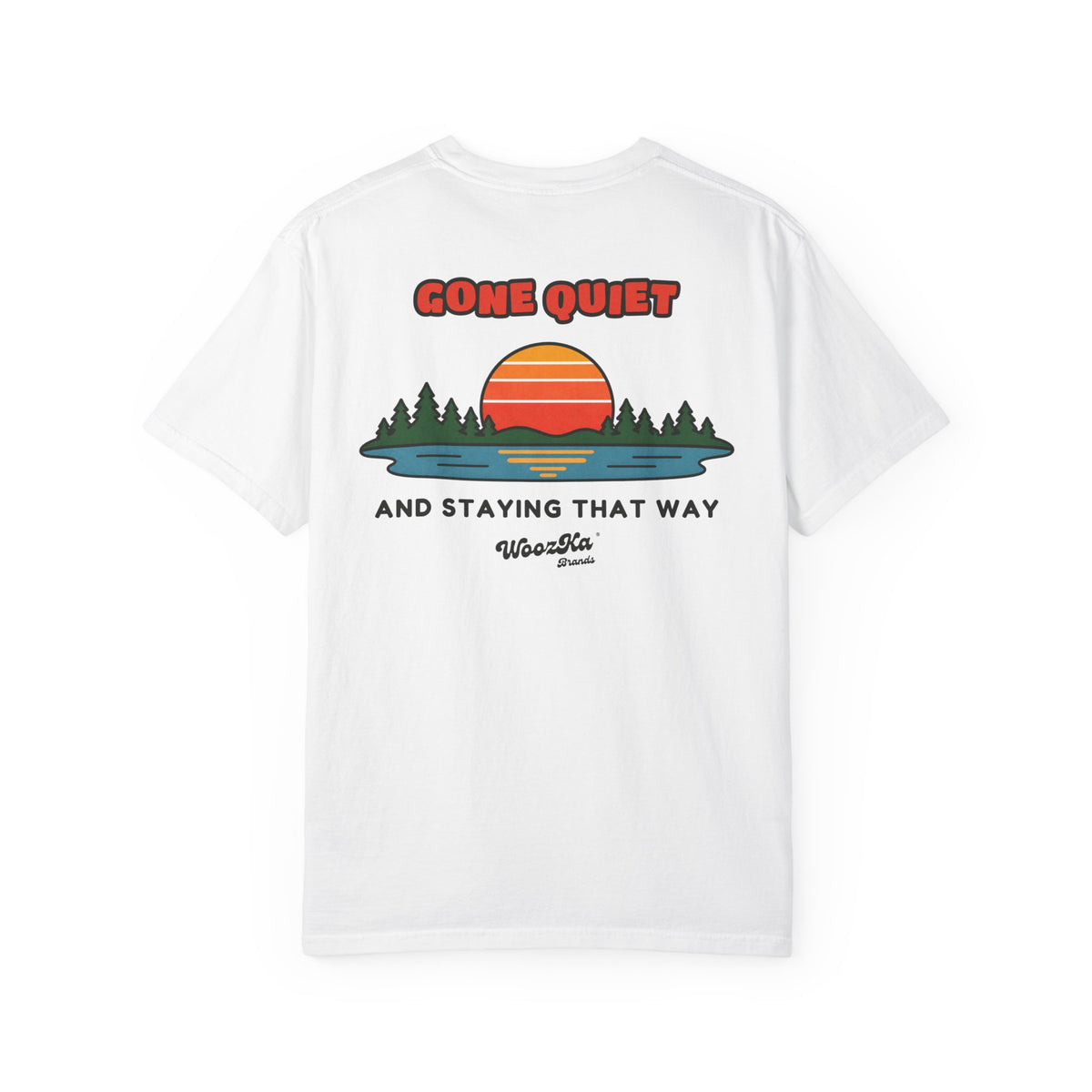 WoozKa Brands Retro Sunset Lake Heavyweight Tee, Nature Outdoors Back Print