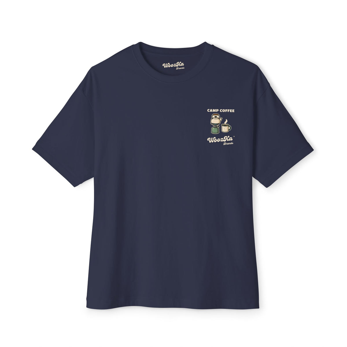 WoozKa Brands Camping Coffee Oversized Tee, Outdoor Tent Kettle Back Print