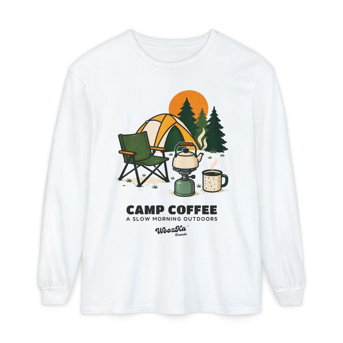 WoozKa Brands Camp Coffee Camping Long Sleeve T-Shirt, Front Graphic