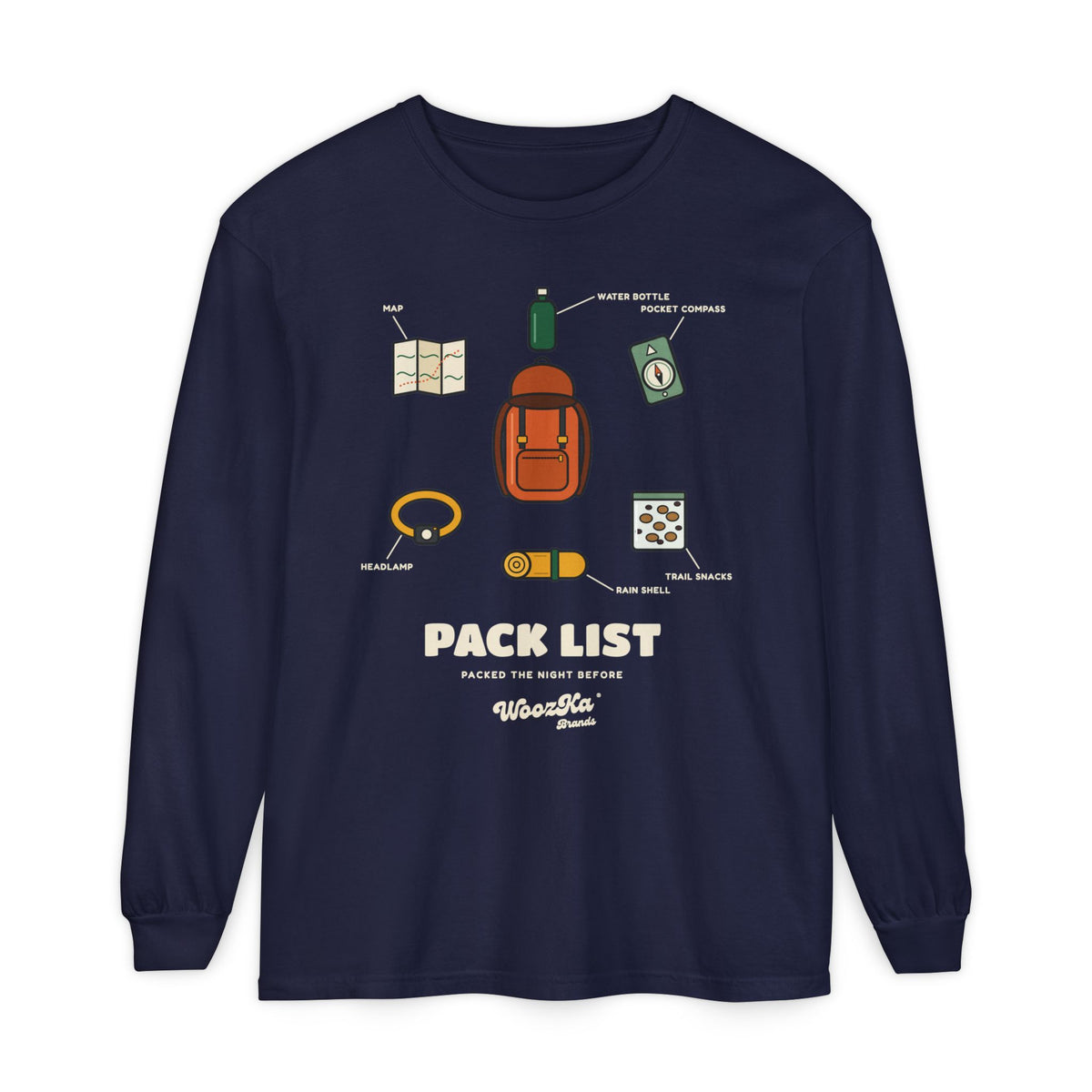 WoozKa Brands Hiking Long Sleeve Tee, Backpacking Gear List Front Print