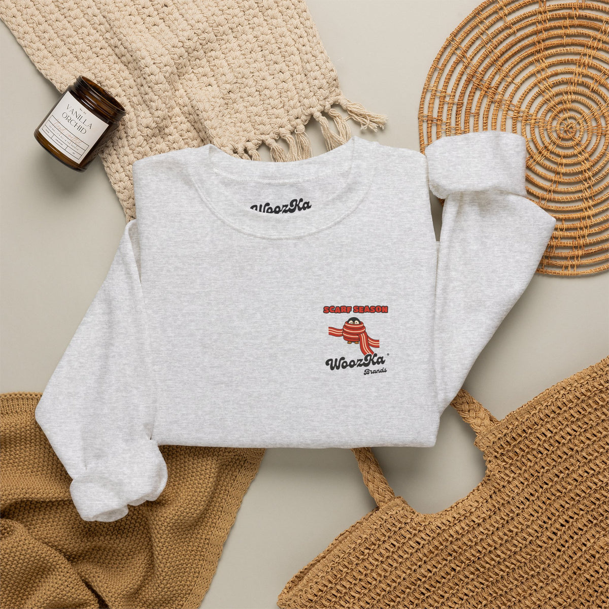 WoozKa Brands Scarf Season Penguin Crewneck Sweatshirt, Two-Sided Graphic