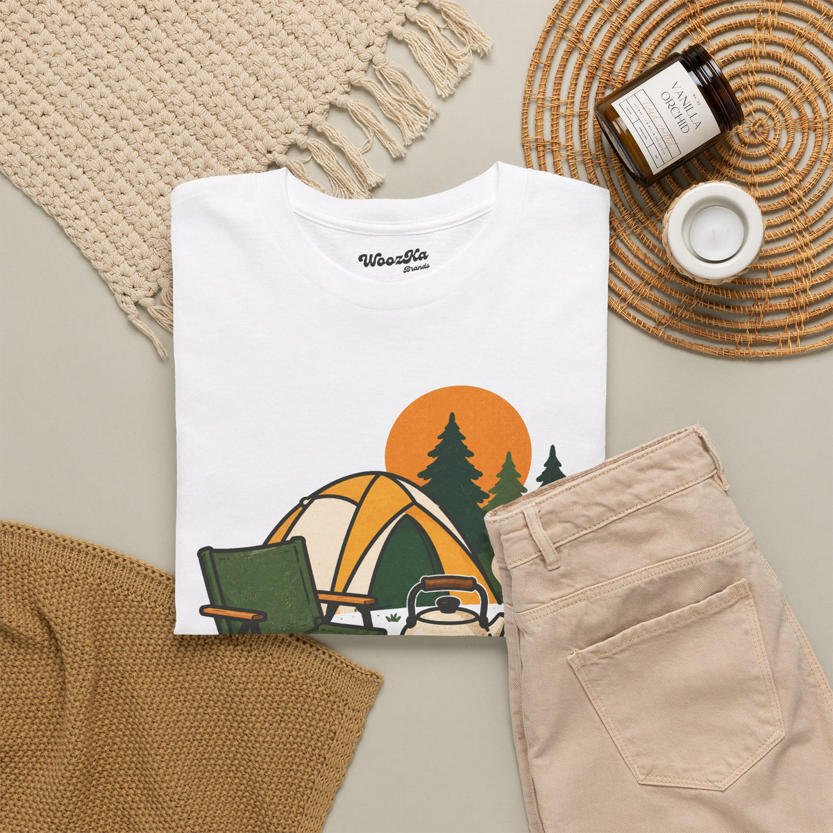 WoozKa Brands Camp Coffee Camping Heavy Cotton T-Shirt, Front Graphic