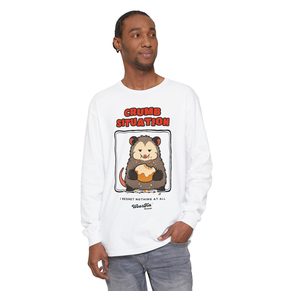 WoozKa Brands Crumb Situation Opossum Long Sleeve T-Shirt, Front Graphic