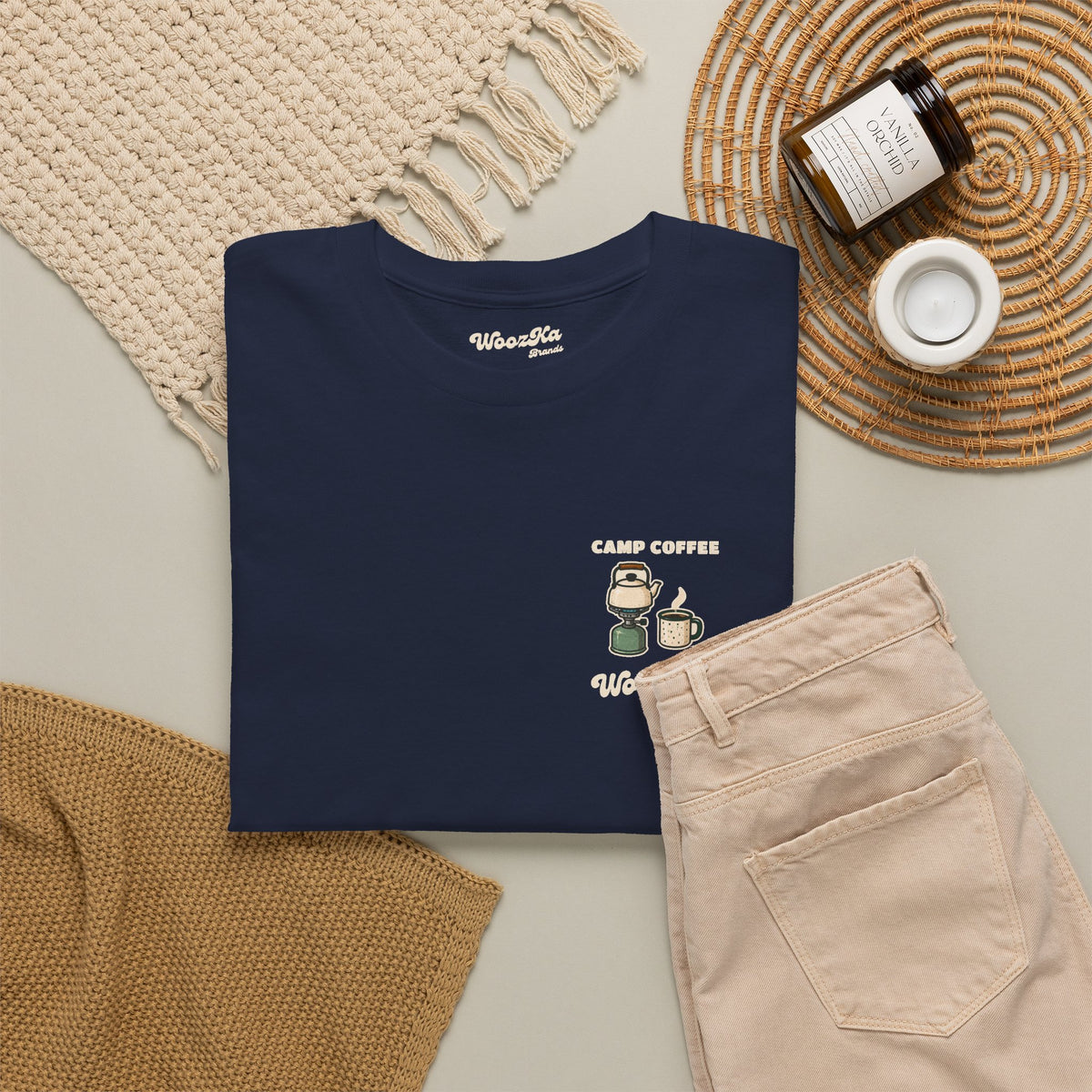 WoozKa Brands Camp Coffee Camping Heavy Cotton T-Shirt, Two-Sided Graphic