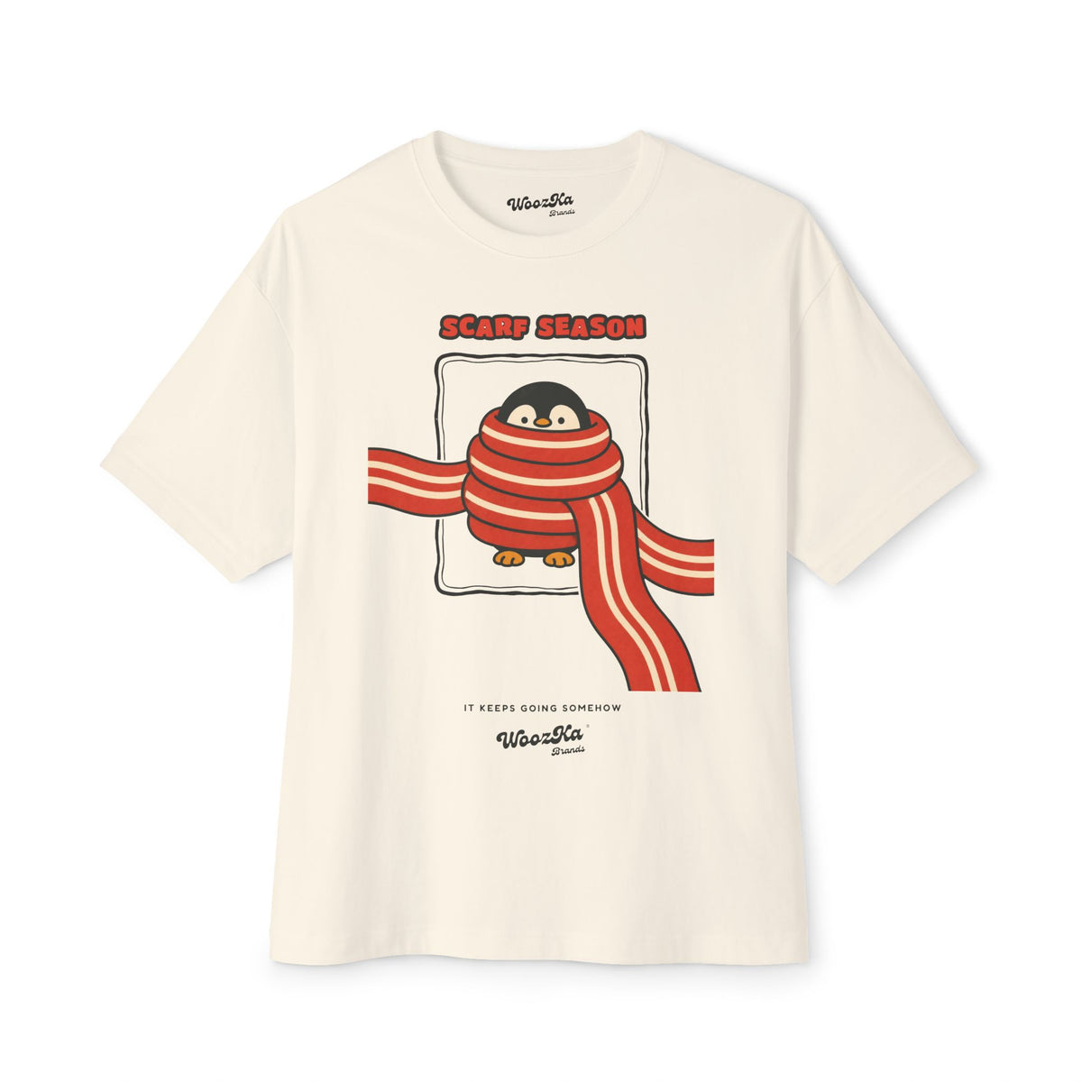 WoozKa Brands Scarf Season Penguin Oversized Boxy T-Shirt, Front Graphic