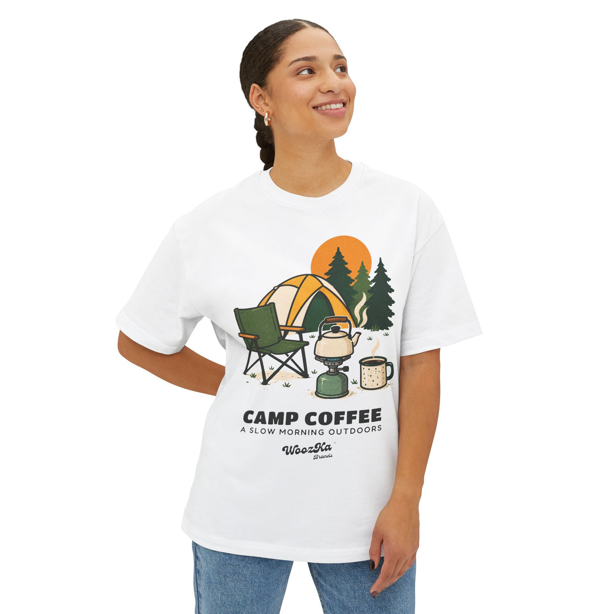 WoozKa Brands Camp Coffee Camping Oversized Boxy T-Shirt, Front Graphic