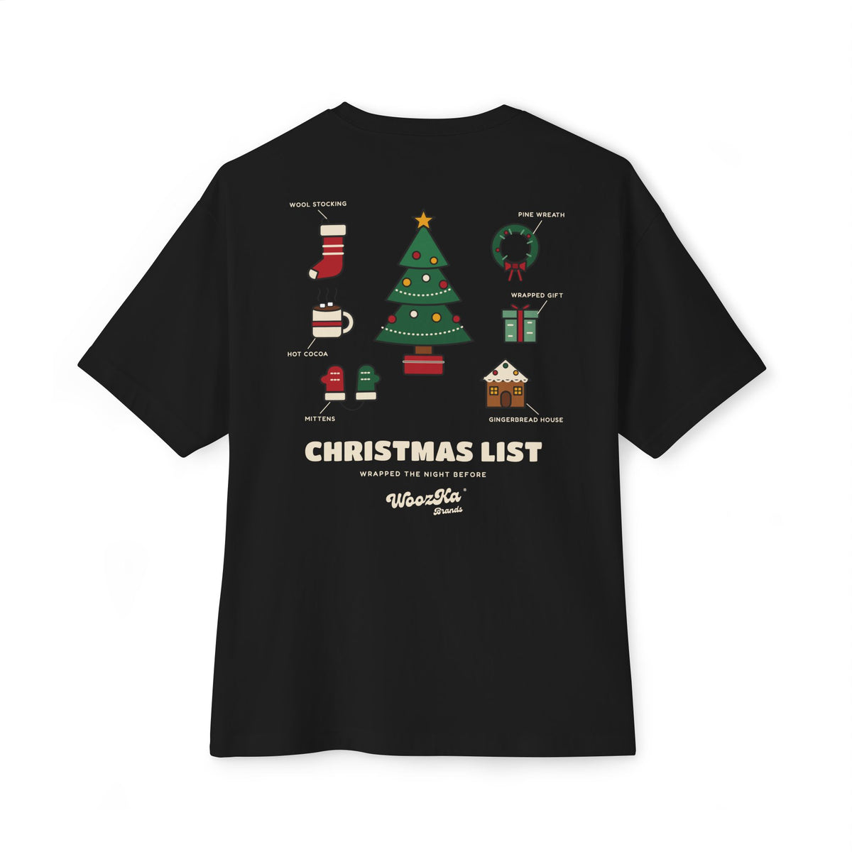 WoozKa Brands Cute Christmas Tree Oversized Tee, Holiday List Back Print