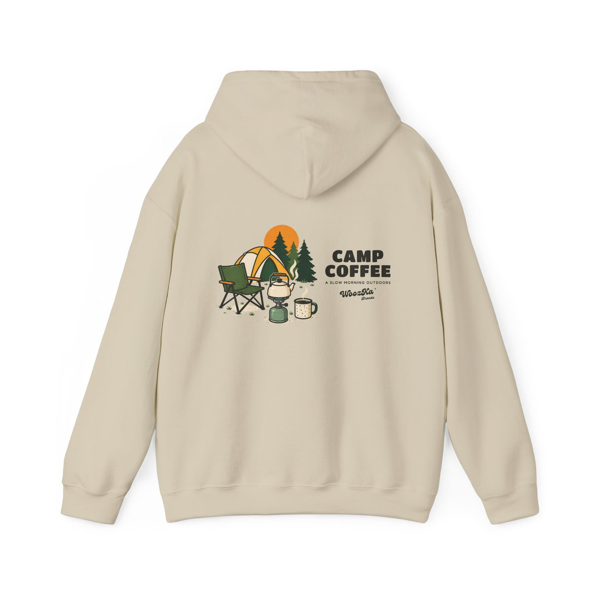 WoozKa Brands Camp Coffee Camping Hoodie, Wide Back Graphic