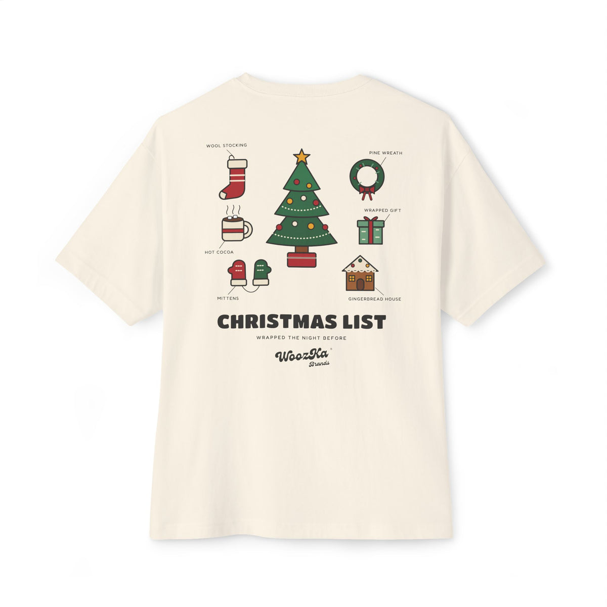 WoozKa Brands Cute Christmas Tree Oversized Tee, Holiday List Back Print