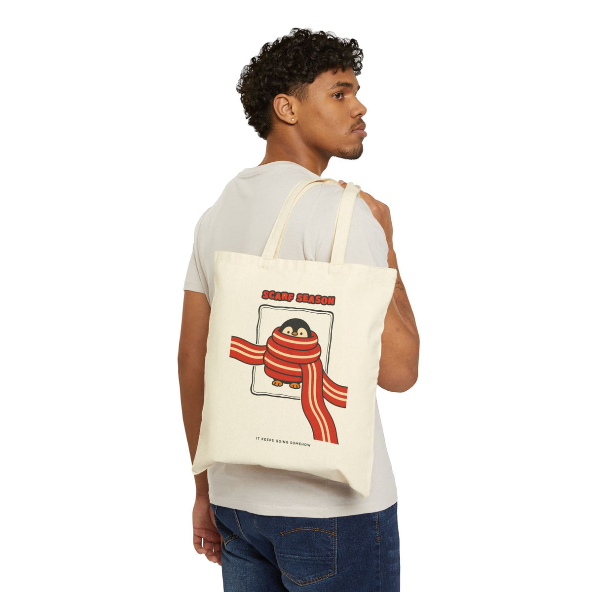 WoozKa Brands Scarf Season Penguin Canvas Tote Bag