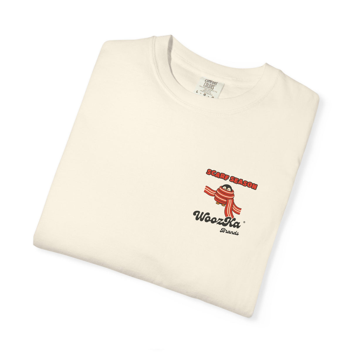 WoozKa Brands Scarf Season Penguin Garment-Dyed T-Shirt, Two-Sided Graphic