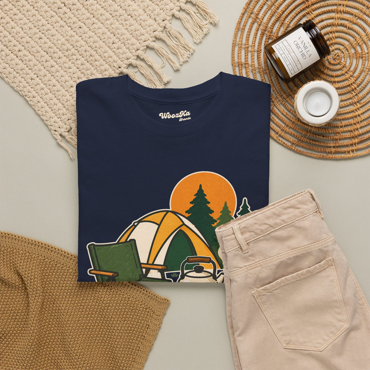 WoozKa Brands Camp Coffee Camping Heavy Cotton T-Shirt, Front Graphic