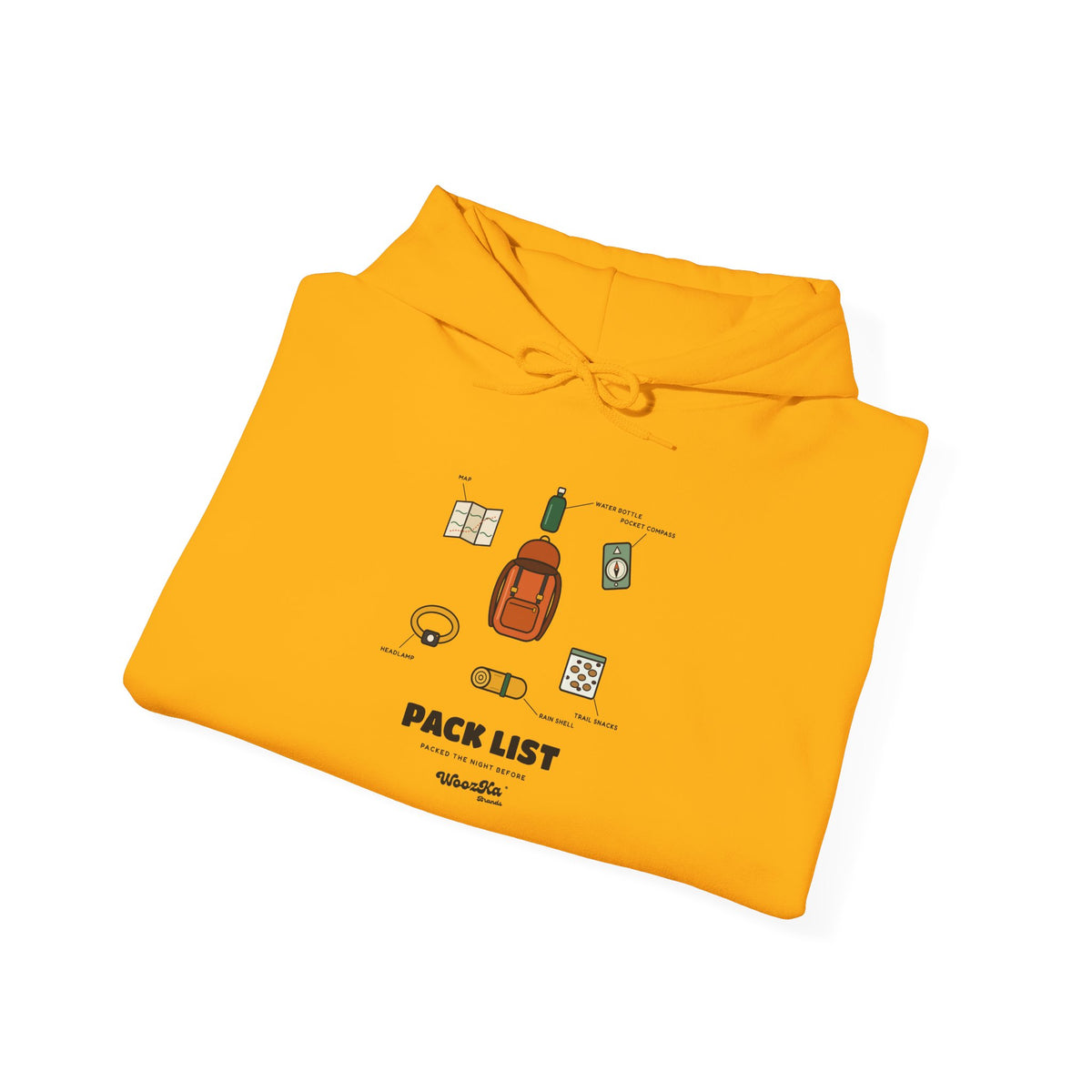 WoozKa Brands Hiking Hoodie, Backpacking Gear List Front Print
