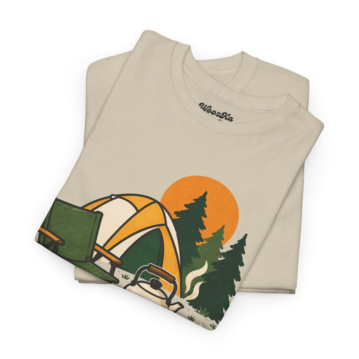 WoozKa Brands Camp Coffee Camping Heavy Cotton T-Shirt, Front Graphic