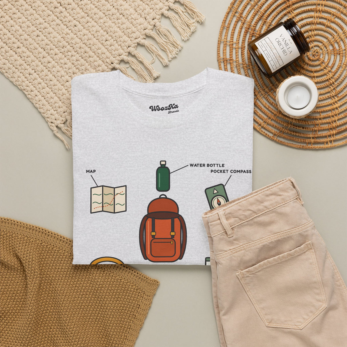 WoozKa Brands Hiking T-Shirt, Backpacking Gear List Front Print
