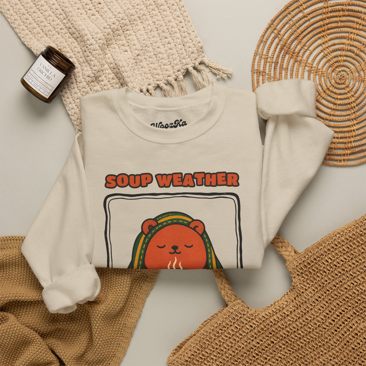 WoozKa Brands Soup Weather Bear Crewneck Sweatshirt, Front Graphic