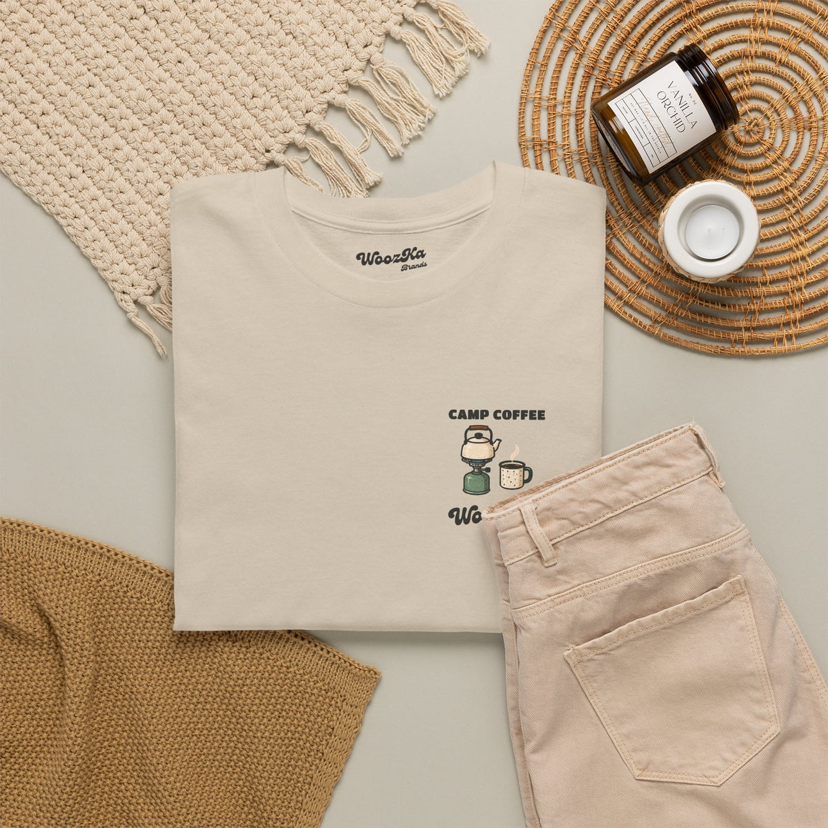 WoozKa Brands Camp Coffee Camping Heavy Cotton T-Shirt, Two-Sided Graphic