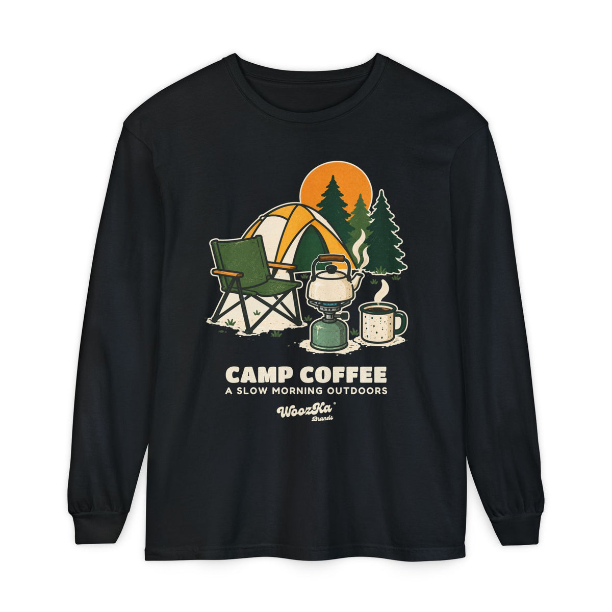 WoozKa Brands Camp Coffee Camping Long Sleeve T-Shirt, Front Graphic