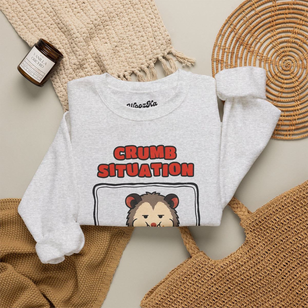 WoozKa Brands Crumb Situation Opossum Crewneck Sweatshirt, Front Graphic