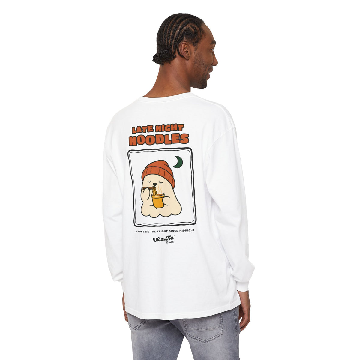 WoozKa Brands Late Night Noodles Ghost Long Sleeve T-Shirt, Two-Sided