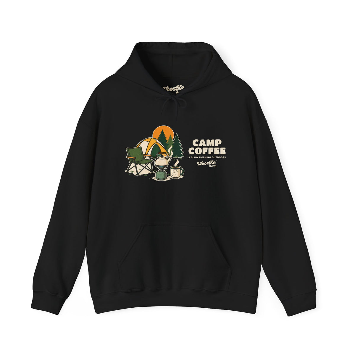 WoozKa Brands Camp Coffee Camping Hoodie, Wide Front Graphic