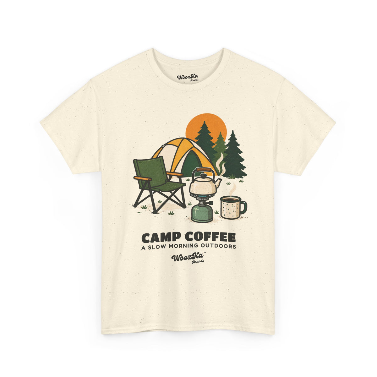 WoozKa Brands Camp Coffee Camping Heavy Cotton T-Shirt, Front Graphic